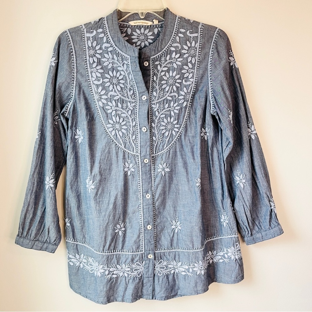 Soft Surroundings Chambray Embroidered Tunic Top